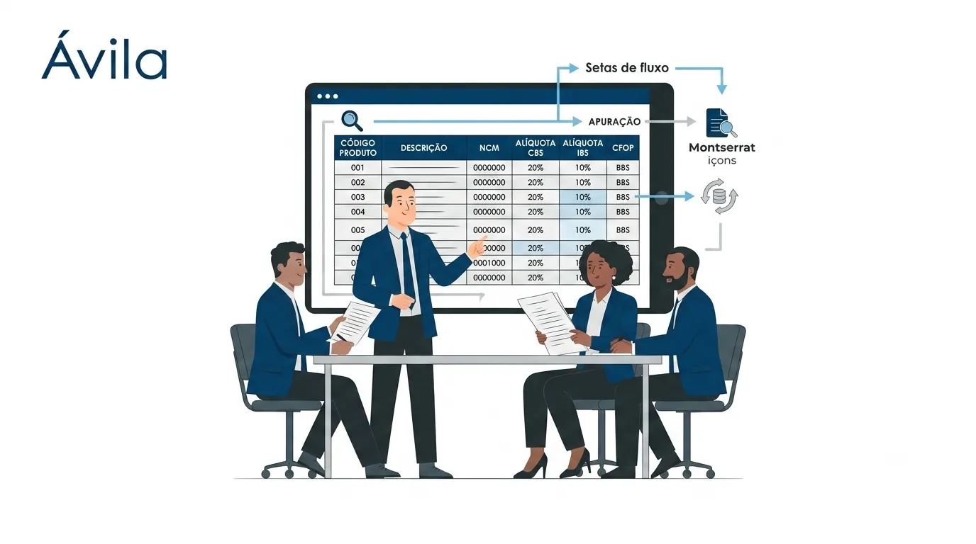 Ilustração de equipe em reunião analisando uma tela com sistema de apuração de impostos, com painel de códigos e alíquotas, em contexto corporativo.
