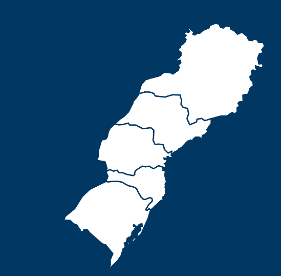 mapa dos estados do rio grande do sul, santa catarina,, parana, são paulo e minas gerais, destacados em branco em fundo azul