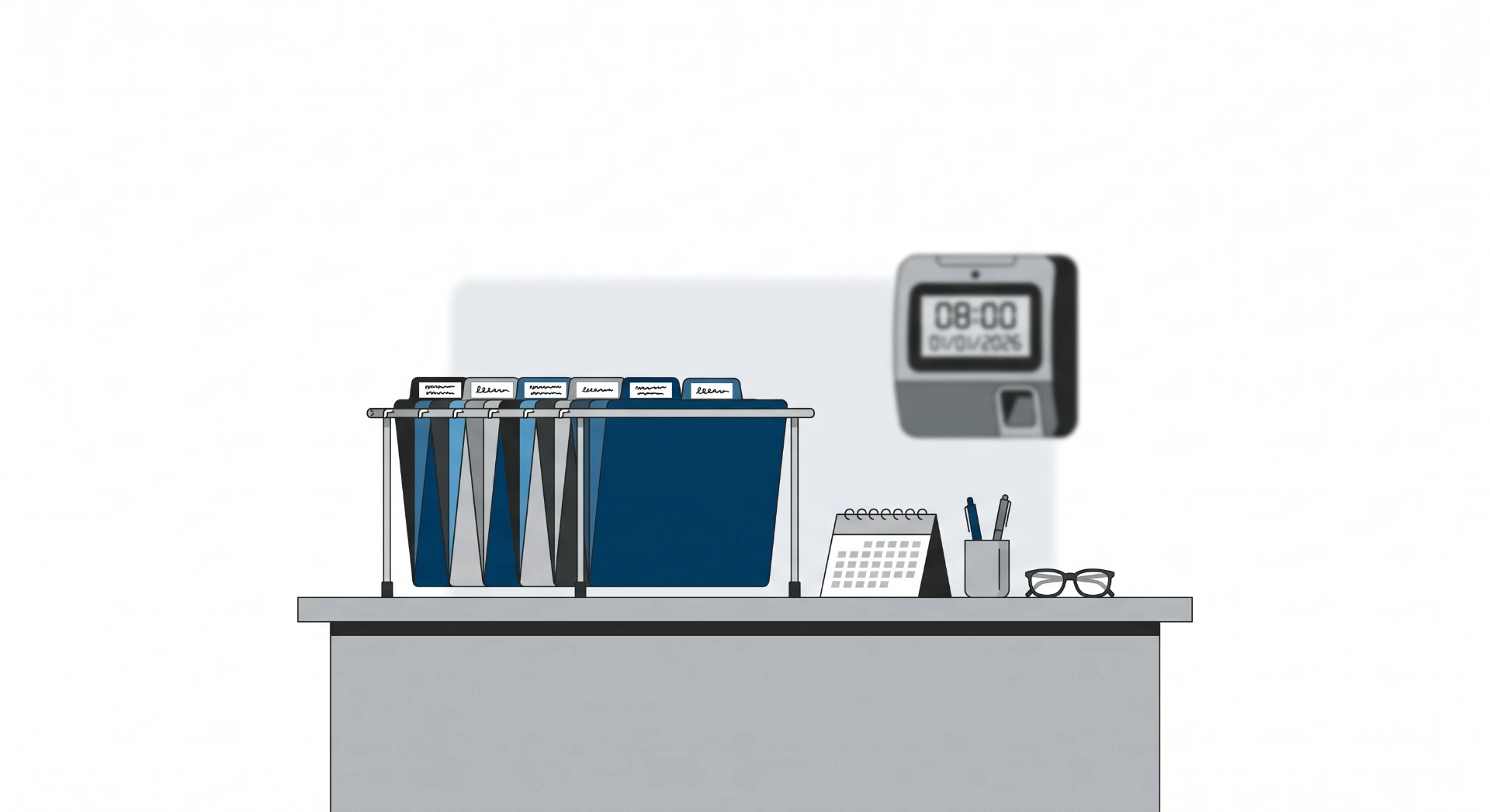 Ilustração de uma mesa de escritório com caixas de arquivos, canetas, calendário e porta-óculos ao lado de um relógio de ponto digital com horário 08:00.