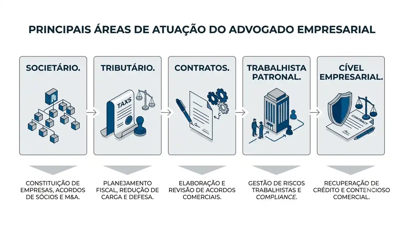 Infográfico em português “Principais Áreas de Atuação do Advogado Empresarial” com tópicos societário, tributário, contratos, trabalhista patronal e cível empresarial.