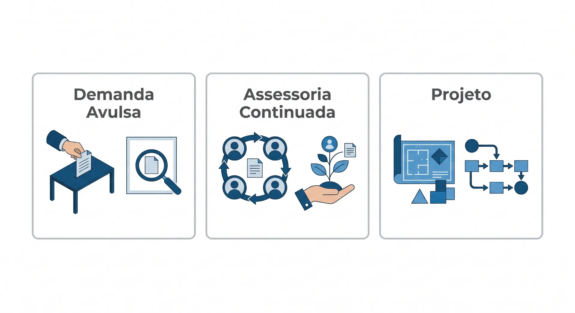 Infográfico com três opções de serviço: “Demanda Avulsa”, “Assessoria Continuada” e “Projeto”, ilustradas com elementos como mesa de votação e documentos, rede de pessoas e uma mão segurando uma planta, além de ícones de planejamento e fluxo de dados.