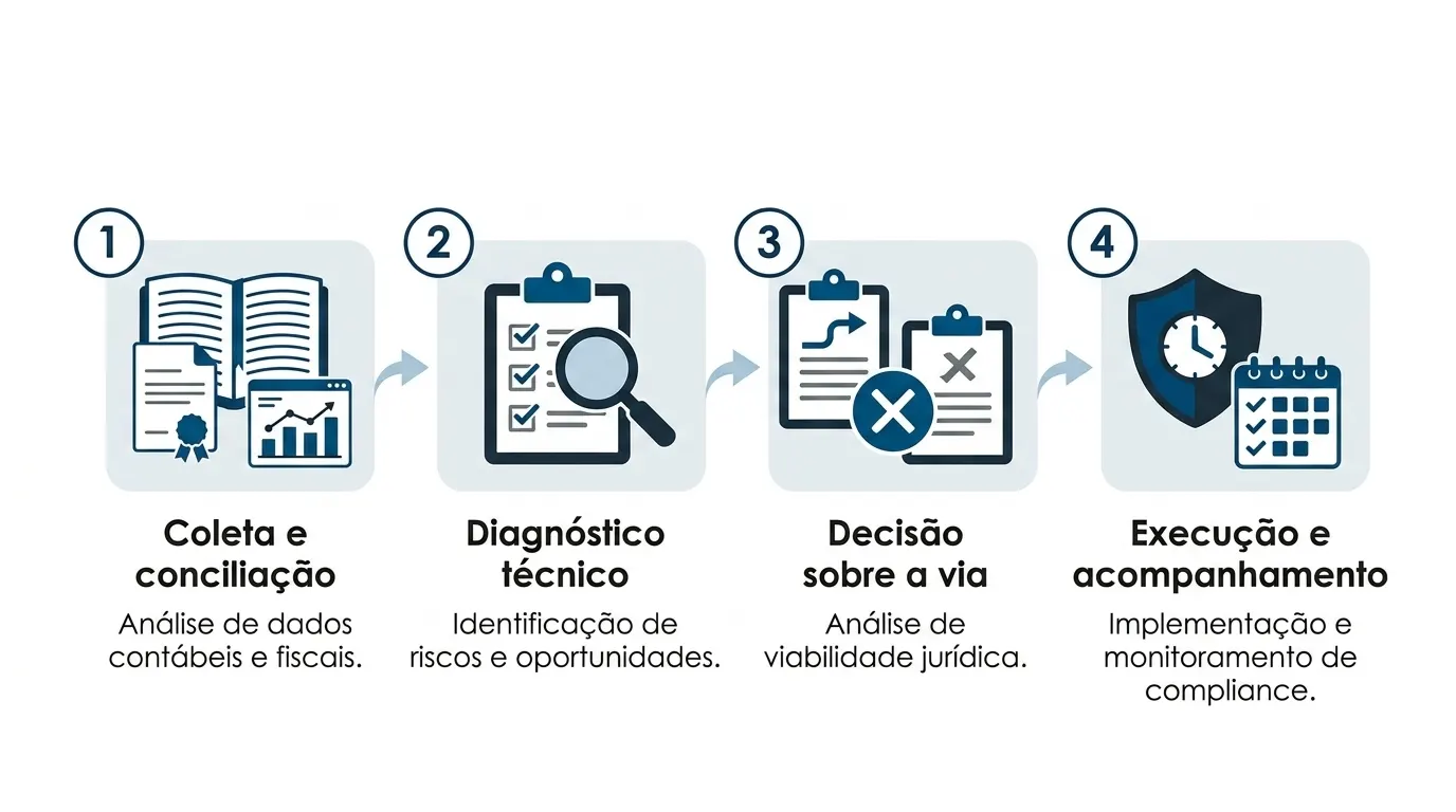 Infográfico com quatro etapas de um processo: Coleta e conciliação, Diagnóstico técnico, Decisão sobre a viabilidade e Execução e acompanhamento com compliance.