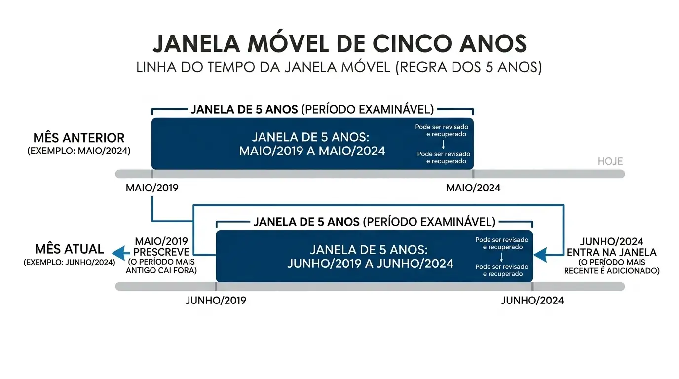Infográfico “Janela Móvel de Cinco Anos” com a regra dos 5 anos, mostrando períodos examináveis e recuperados entre meses e anos, incluindo exemplos de maio/2019 a maio/2024 e junho/2019 a junho/2024