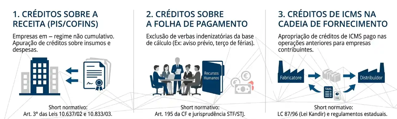 Infográfico em português sobre créditos de impostos: créditos sobre a receita (PIS/COFINS), créditos sobre o pagamento (exclusões) e créditos de ICMS na cadeia de competência, com fluxos e referências legais.