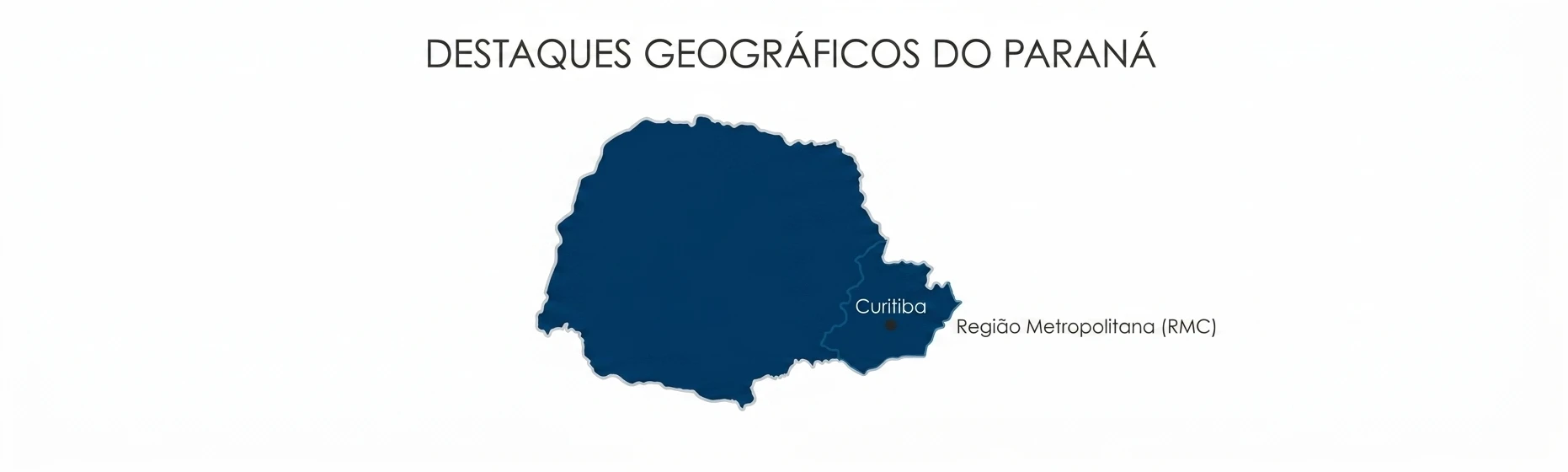 Mapa com destaque geográfico do estado do Paraná, indicando Curitiba e a Região Metropolitana (RMC), com título “Destaques Geográficos do Paraná”.