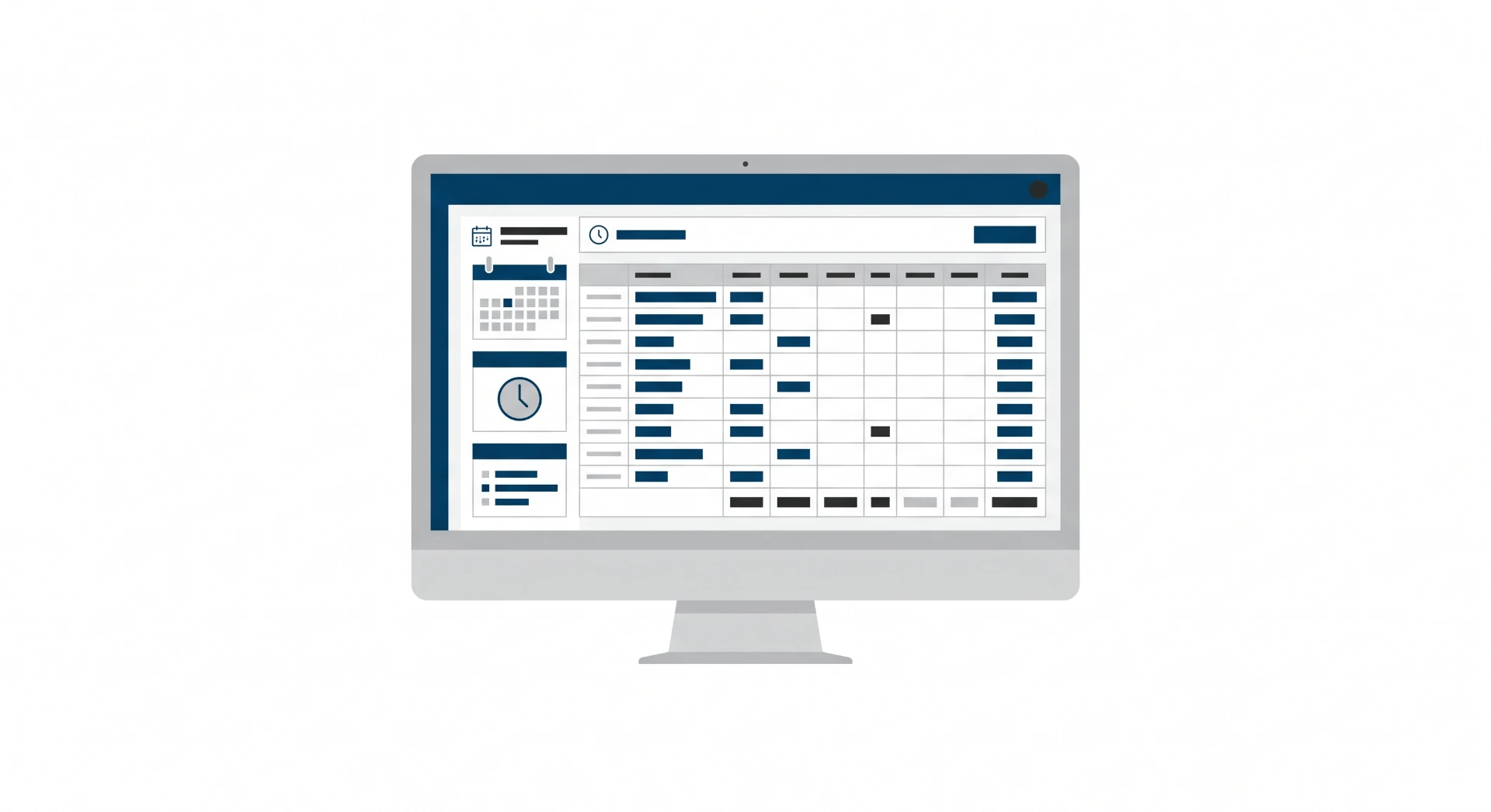 Imagem de um computador com tela exibindo interface de sistema, gráficos e barras, com área de relatórios e indicadores em azul e cinza, fundo branco.