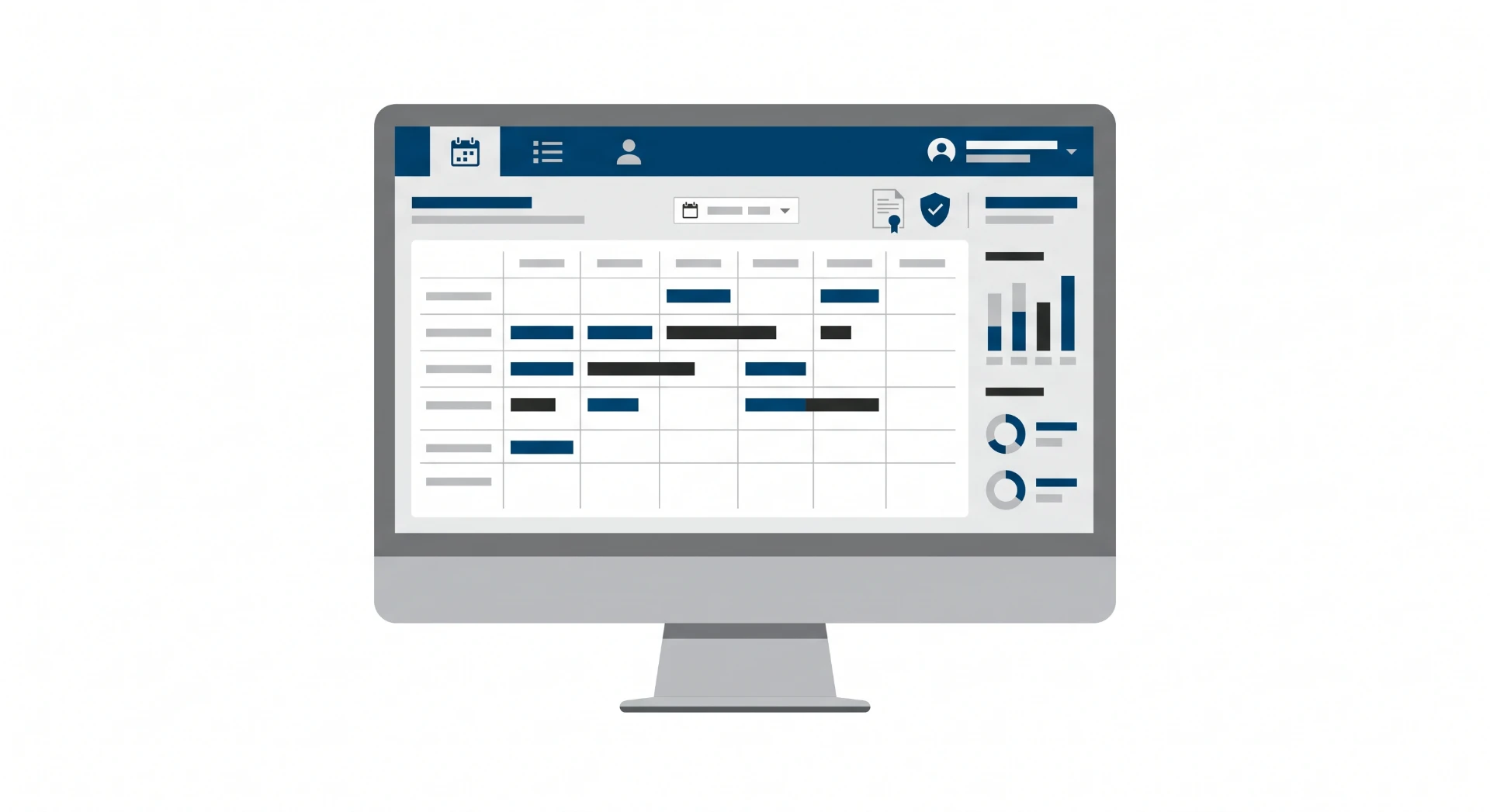 Ilustração de um computador com interface de relatórios e gráficos em barras azuis, tabelas e dashboard para análise de dados, mostrando informações de produtividade