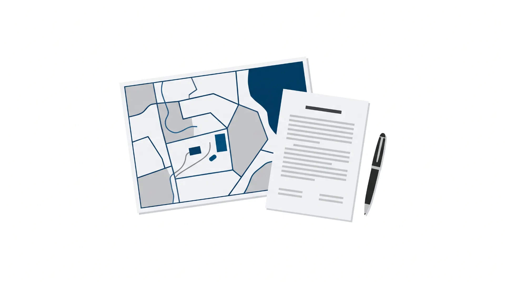 Imagem com documentos ilustrativos sobrepostos, mostrando um mapa em azul e um formulário com linhas de texto, acompanhados de uma caneta preta, em fundo branco.