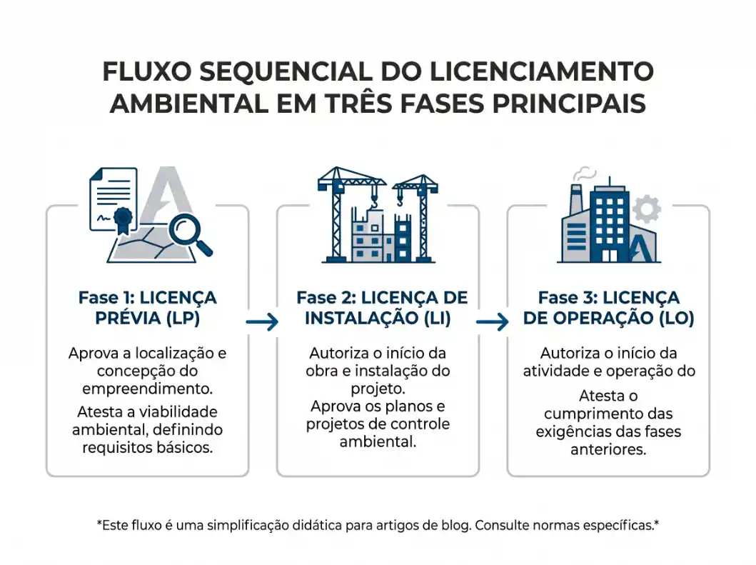 Infográfico com o fluxo sequencial do licenciamento ambiental em três fases principais: fase 1 Licença Prévia (LP), fase 2 Licença de Instalação (LI) e fase 3 Licença de Operação (LO), com descrições de aprovação, autorização e cumprimento das exigências.