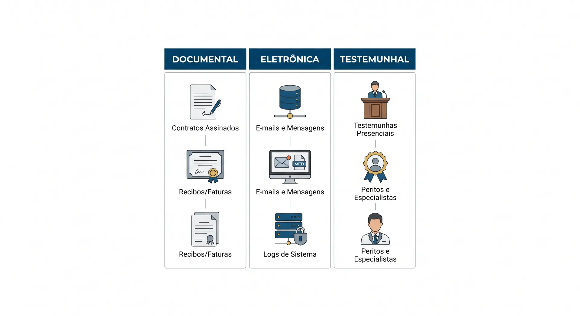Ilustração com categorias documentais: Contratos Assinados, E-mails e Mensagens, Testemunhas Presenciais, Recibos/Faturas, Peritos e Especialistas e Logs de Sistema.