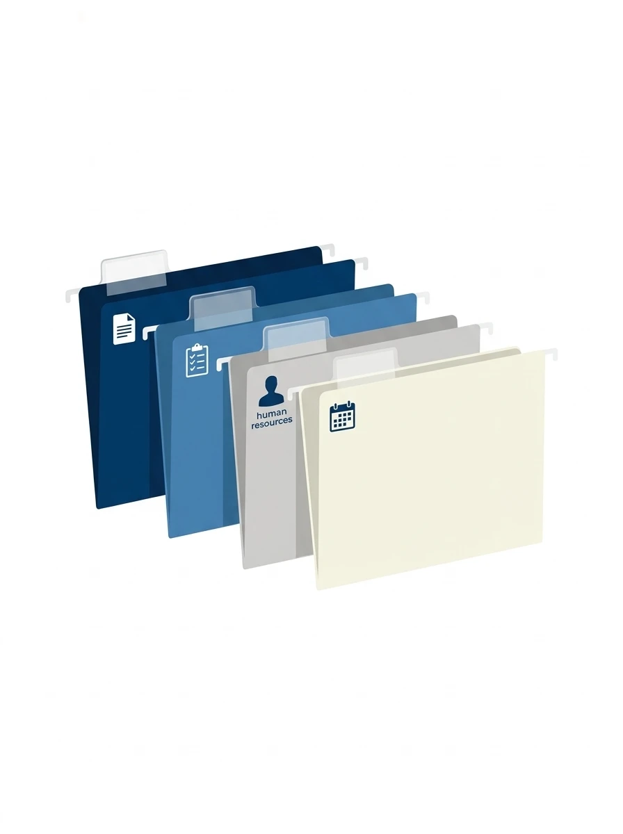 Ilustração de pastas de documentos empilhadas em diferentes cores, representando organização e arquivos digitais para gestão de recursos e informações no escritório.