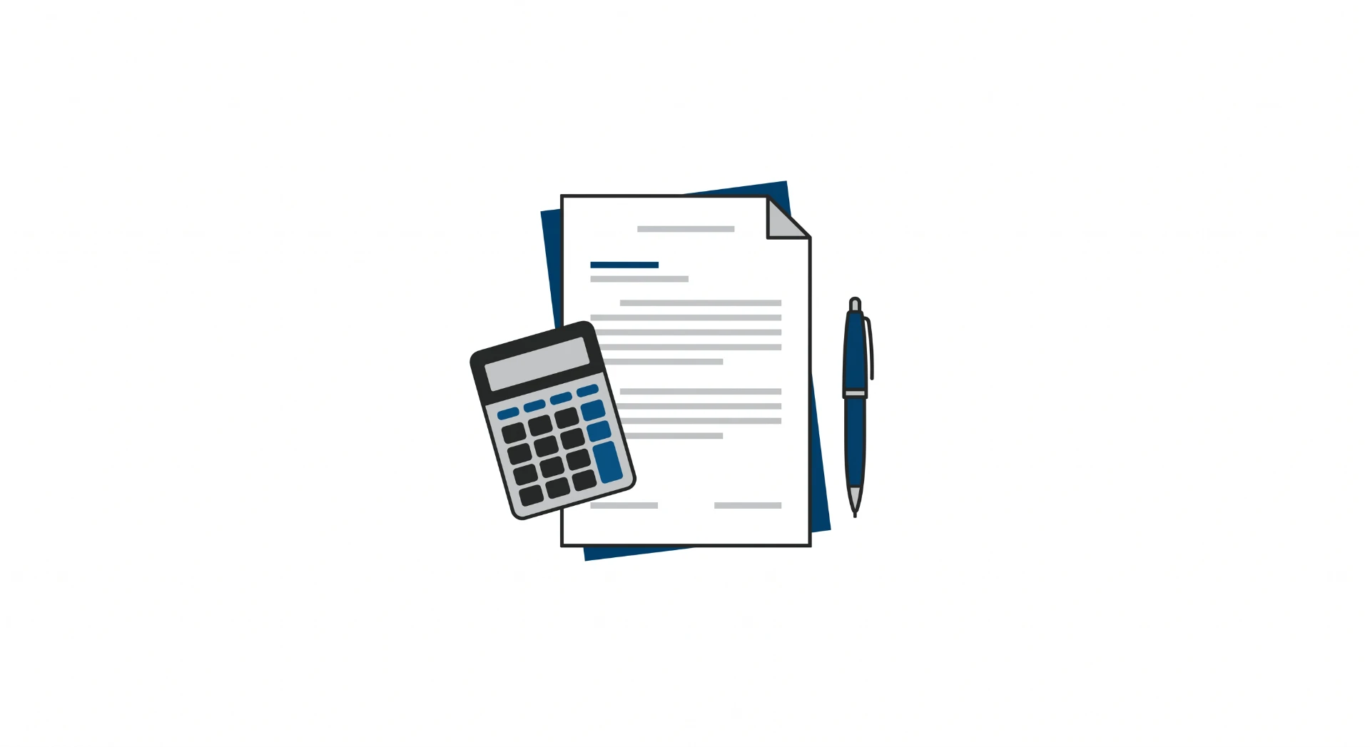 Ilustração vetorial de documentos e calculadora, com uma folha empilhada, caneta e o cálculo de finanças, ideal para materiais de contabilidade e impostos.