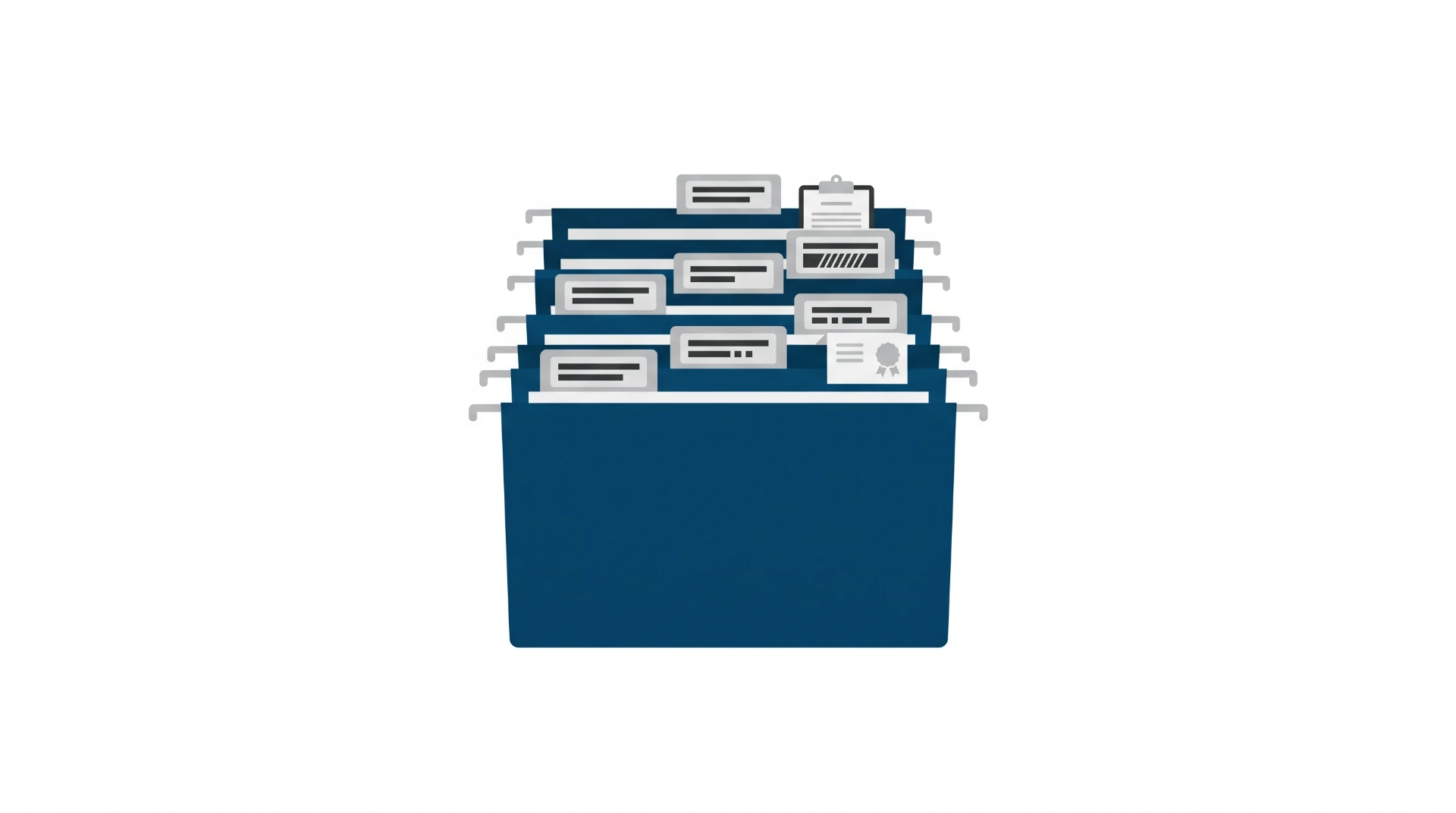 Ilustração vetorial de uma pasta azul com vários documentos e arquivos empilhados, representando organização e gestão de arquivos para trabalho ou escritório.