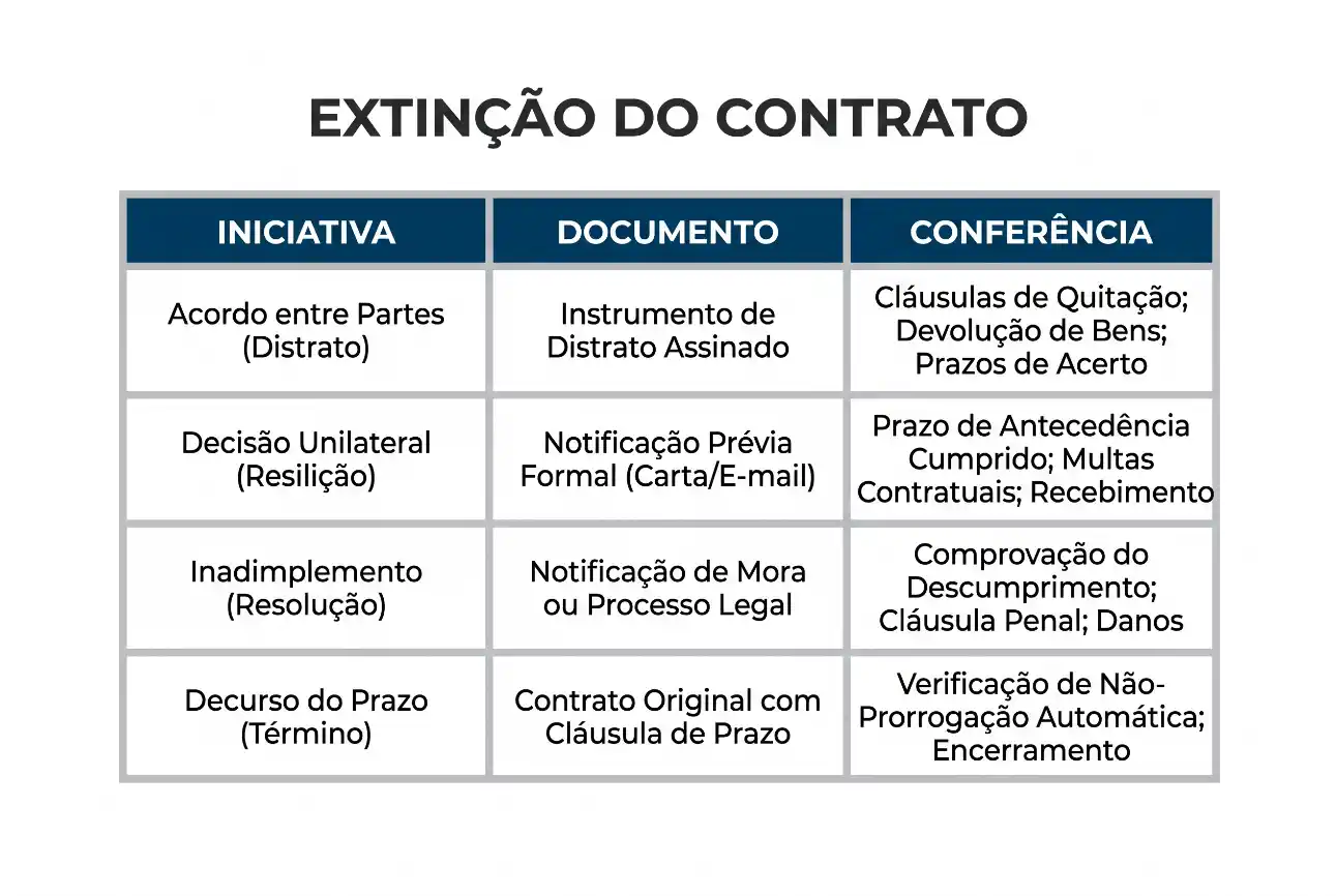 Infográfico sobre EXTINÇÃO DO CONTRATO com tabelas de iniciativas, documentos e conferências, incluindo acordo entre partes, rescisão, prazos de atencedência e comprovação de descumprimento.
