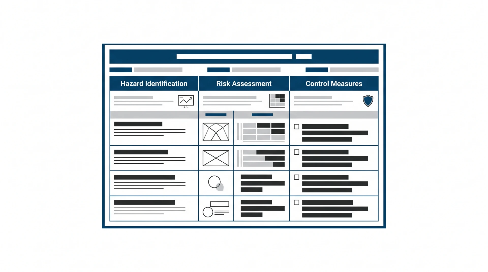Infográfico corporativo de gestão de riscos com seções de Hazard Identification, Risk Assessment e Control Measures, com gráficos e tabelas em estilo vetorial