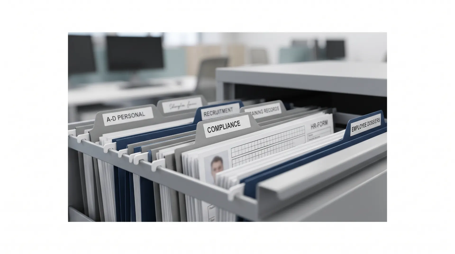 Pastas e documentos organizados em bandeja com divisórias e etiquetas, incluindo “COMPLIANCE”, em ambiente corporativo de escritório.