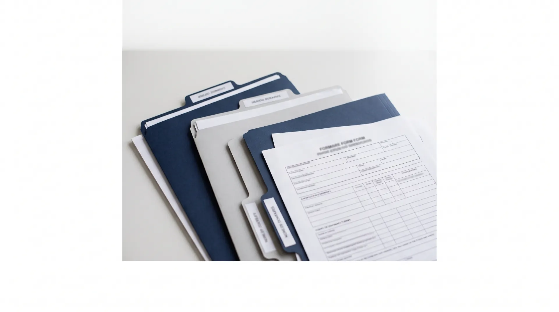 Pilha de pastas de arquivo com etiquetas e documentos impressos em branco e azul sobre uma mesa, mostrando formulários e planilhas.