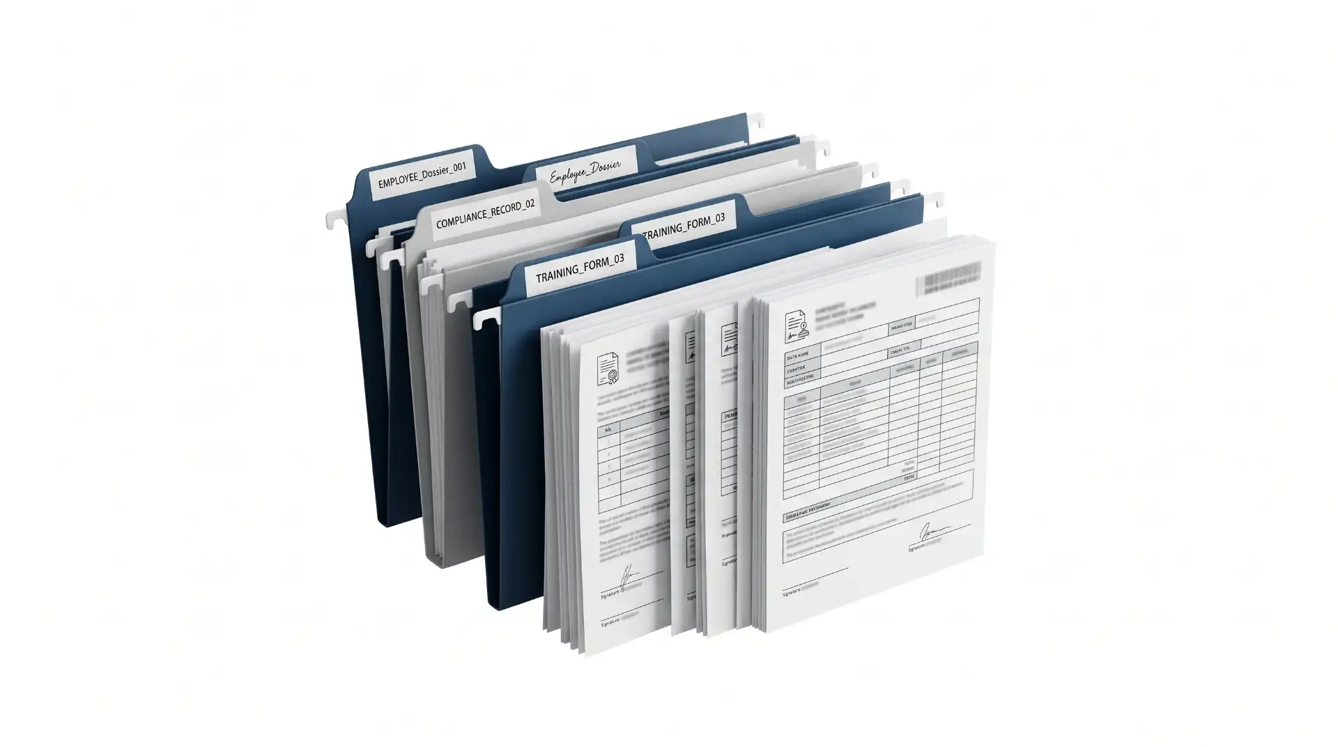 Pilha de pastas e formulários impressos sobrepostos em tons de azul e branco, representando documentação e registros administrativos em formato de fichas
