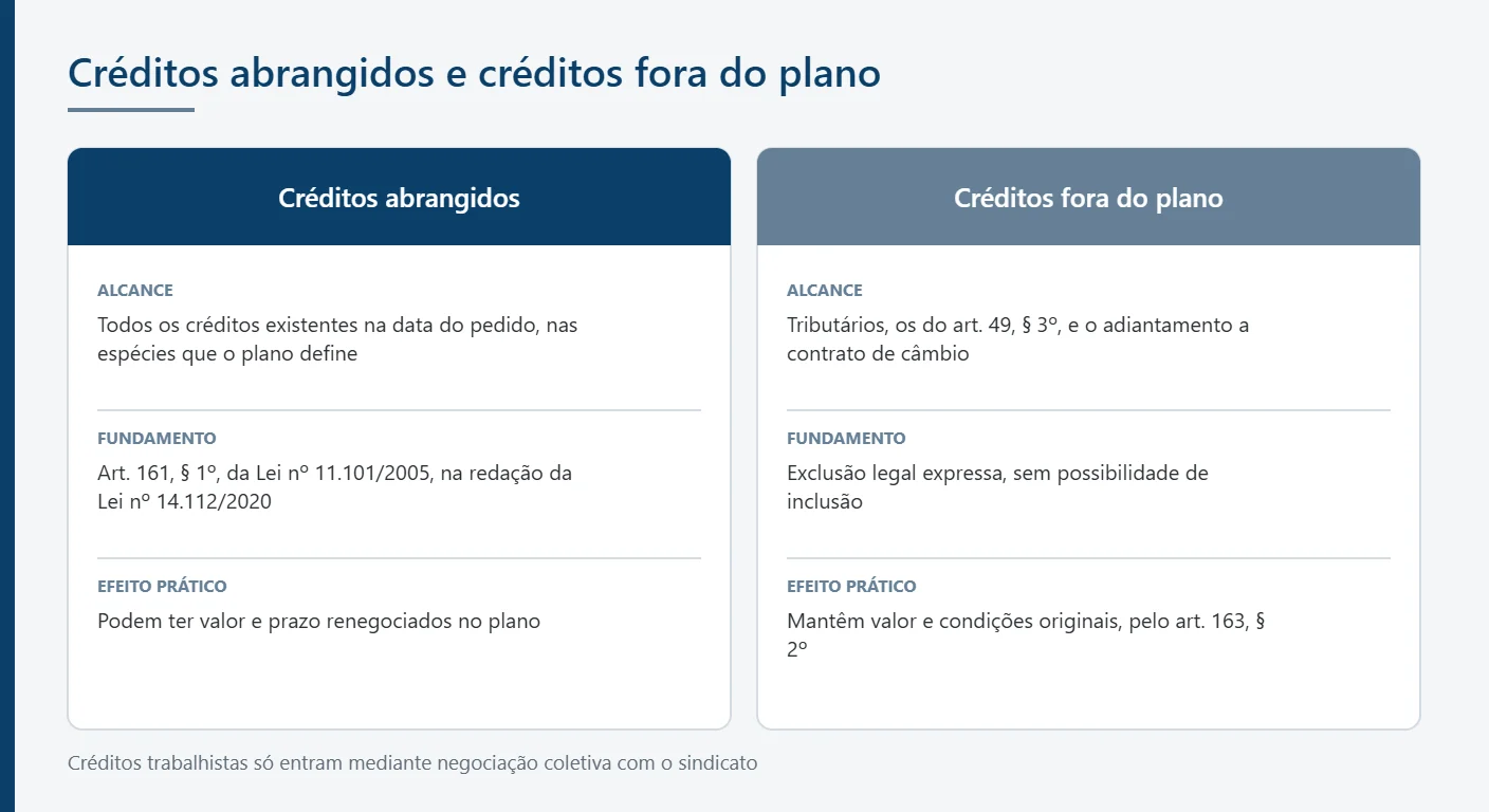Infográfico em duas colunas com os créditos abrangidos e os excluídos da recuperação extrajudicial