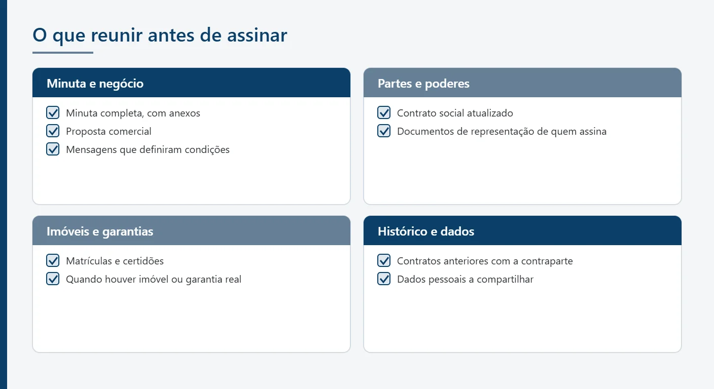 Checklist dos documentos que a empresa reúne antes da análise do advogado de contratos