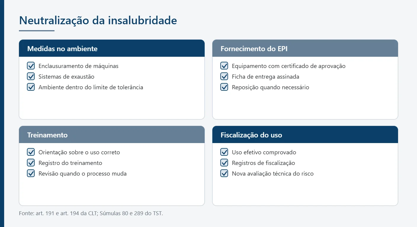 Infográfico de checklist sobre a neutralização da insalubridade pelo EPI e por medidas no ambiente