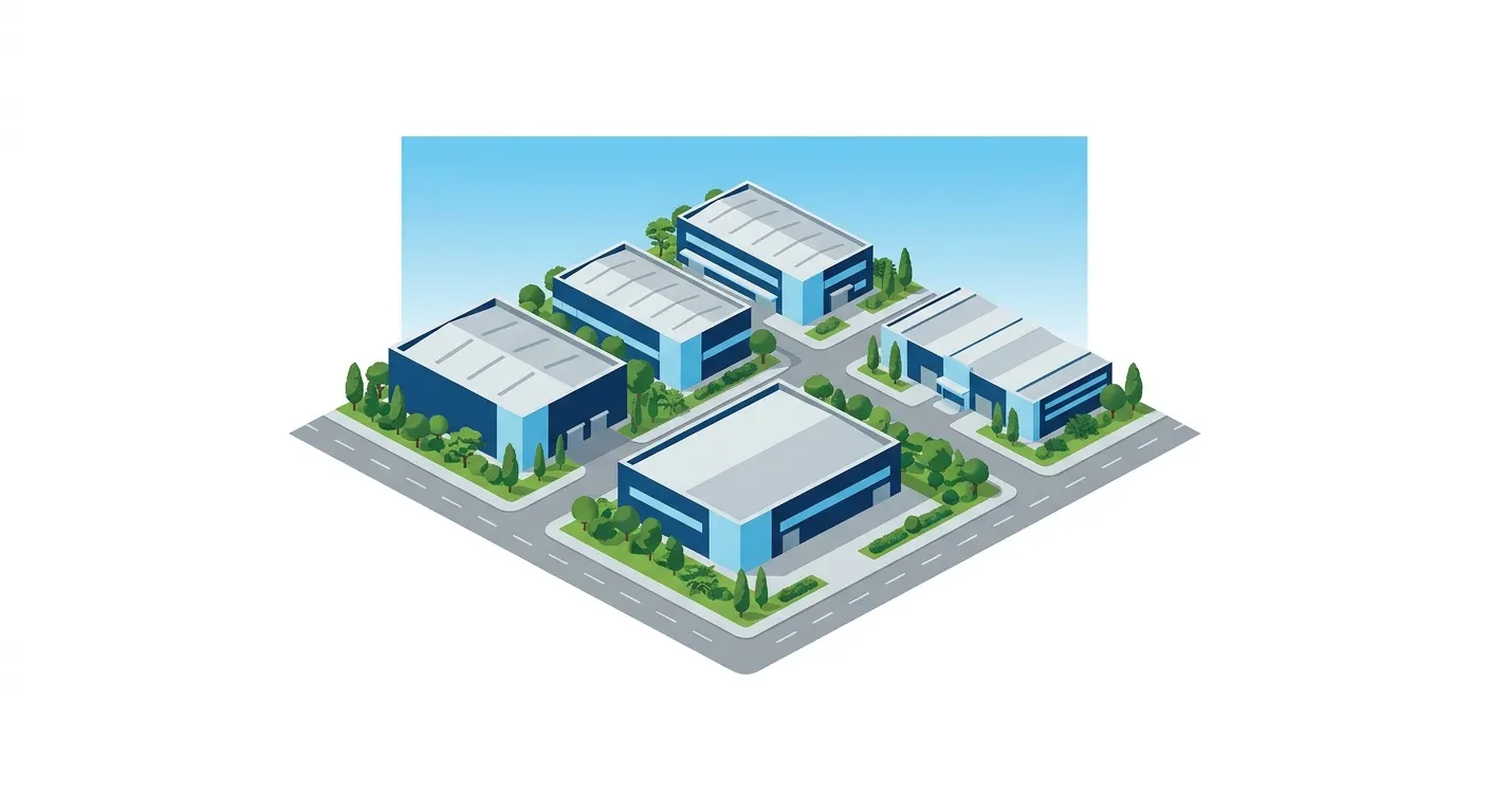 Ilustração isométrica de um complexo industrial com três galpões, prédios administrativos, estacionamento e áreas verdes ao redor em ambiente urbano.