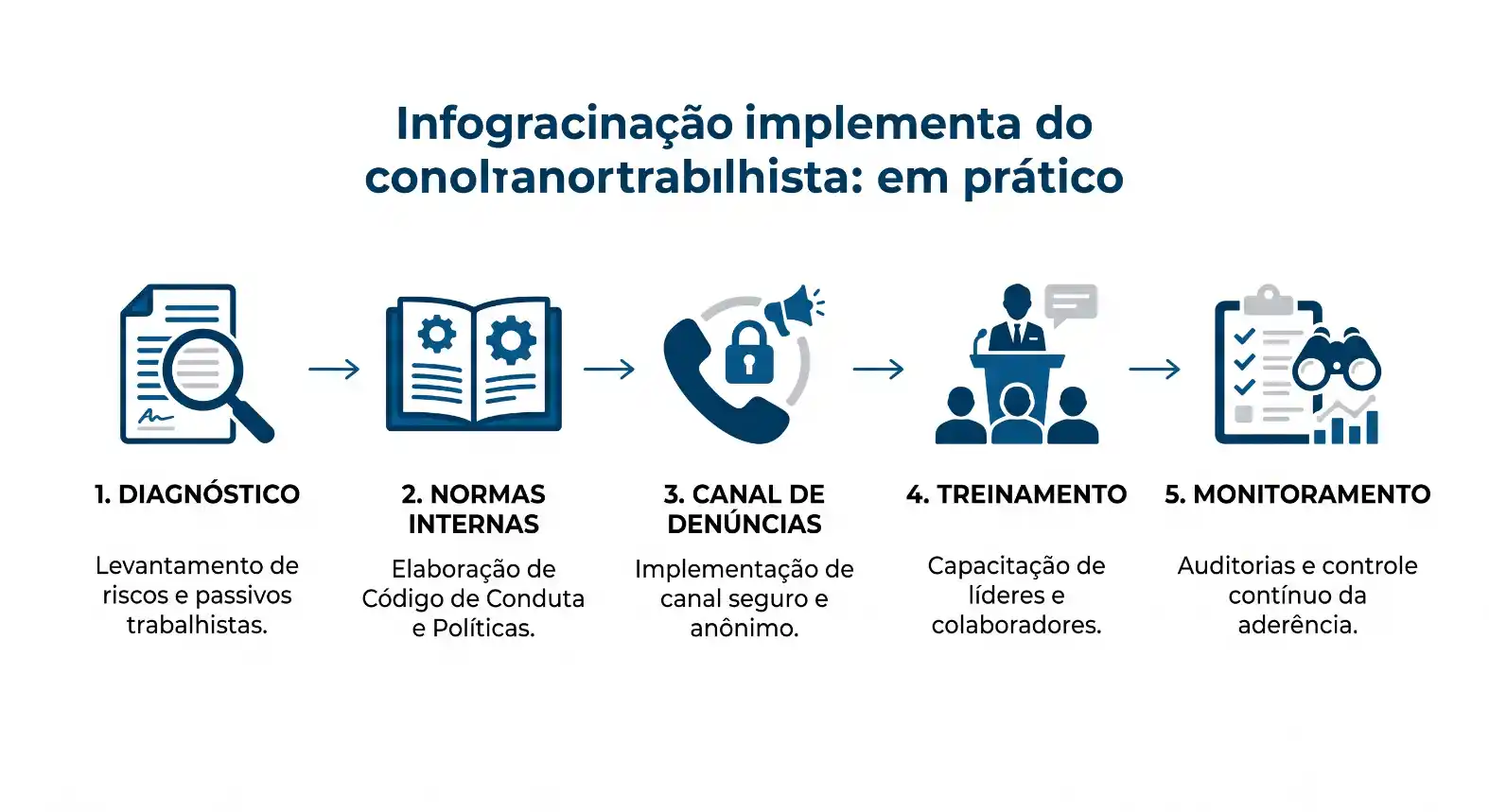 Infográfico com etapas da implementação de canal anônimo: 1. diagnóstico de riscos, 2. normas internas e código de conduta, 3. canal seguro, 4. treinamento de líderes e colaboradores, 5. monitoramento e auditorias.