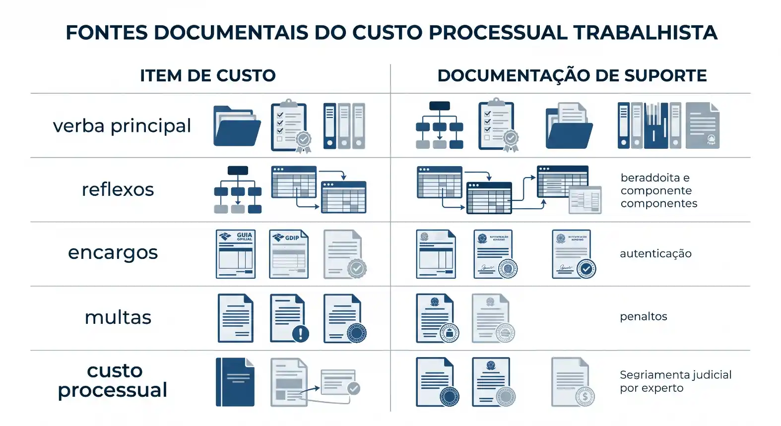 Infográfico sobre fontes documentais do custo processual trabalhista, com itens de custo como verba principal, reflexos, encargos e multas e documentação de suporte incluindo autenticação, peralentos e serviços judiciais por expurgo.