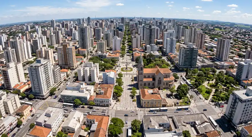 Vista aérea de uma cidade com prédios altos, avenidas movimentadas e uma igreja central, cercada por áreas verdes e bairros residenciais, em dia de céu claro